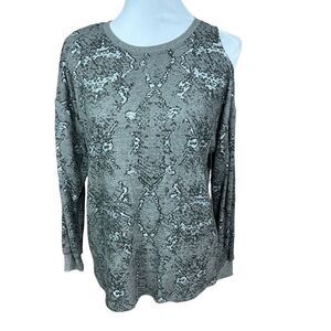 Vince Camuto Sweater Crew Neck Cold Shoulder Grey Black Foil Silver Print Small